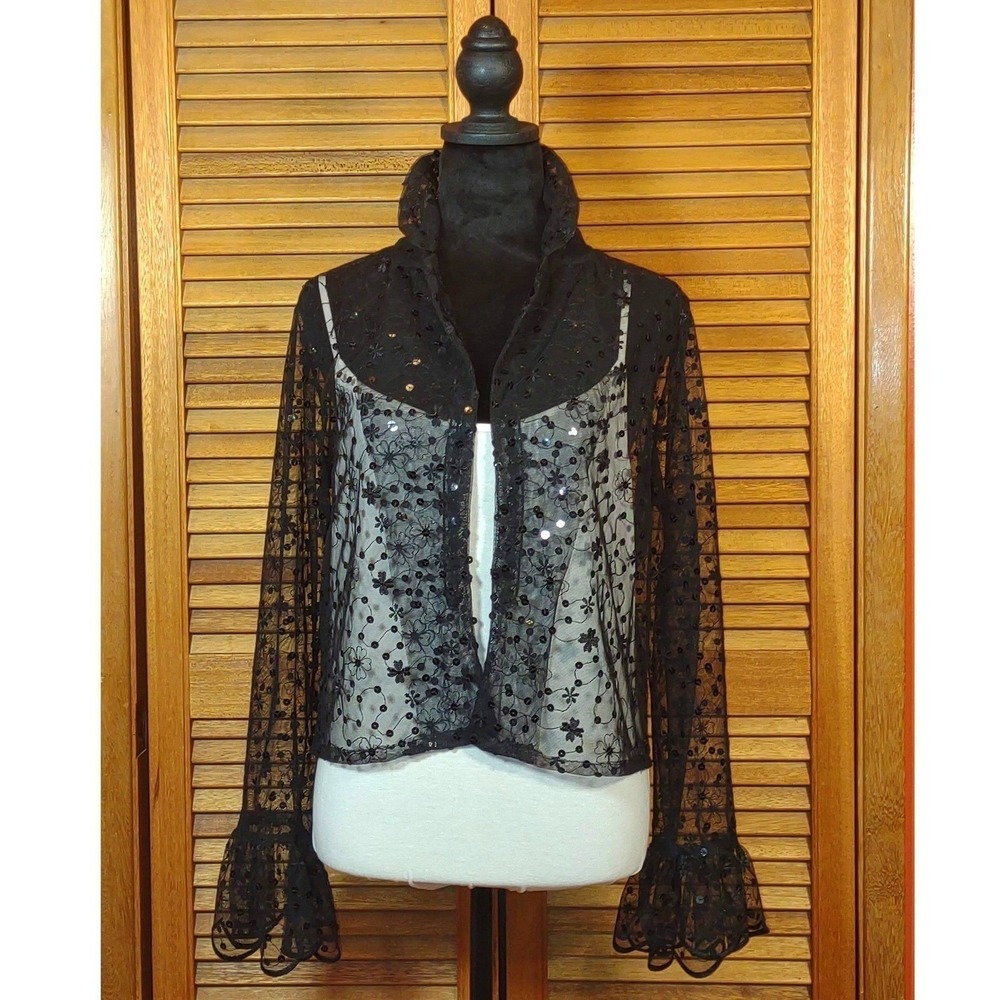 Steampunk Goth Sheer‎ Black Sequin Floral Embroidered Bell Sleeve Bolero Shrug